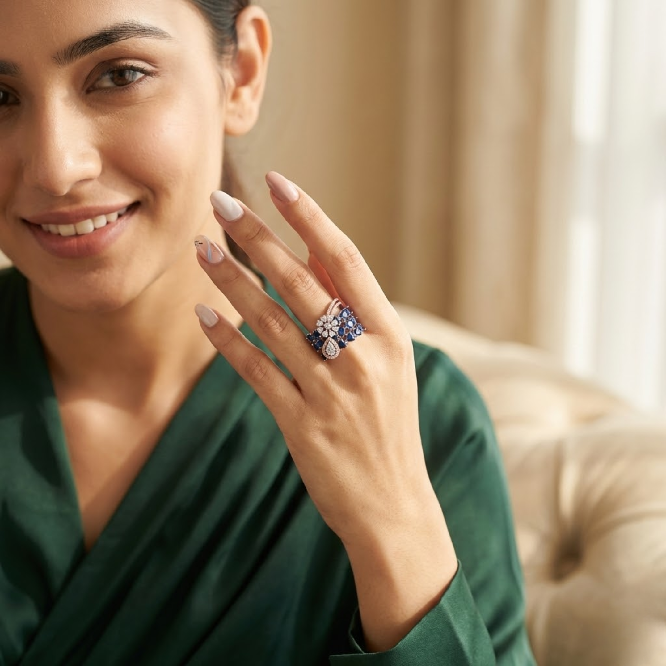 Sapphire Cluster Floral Designer Ring