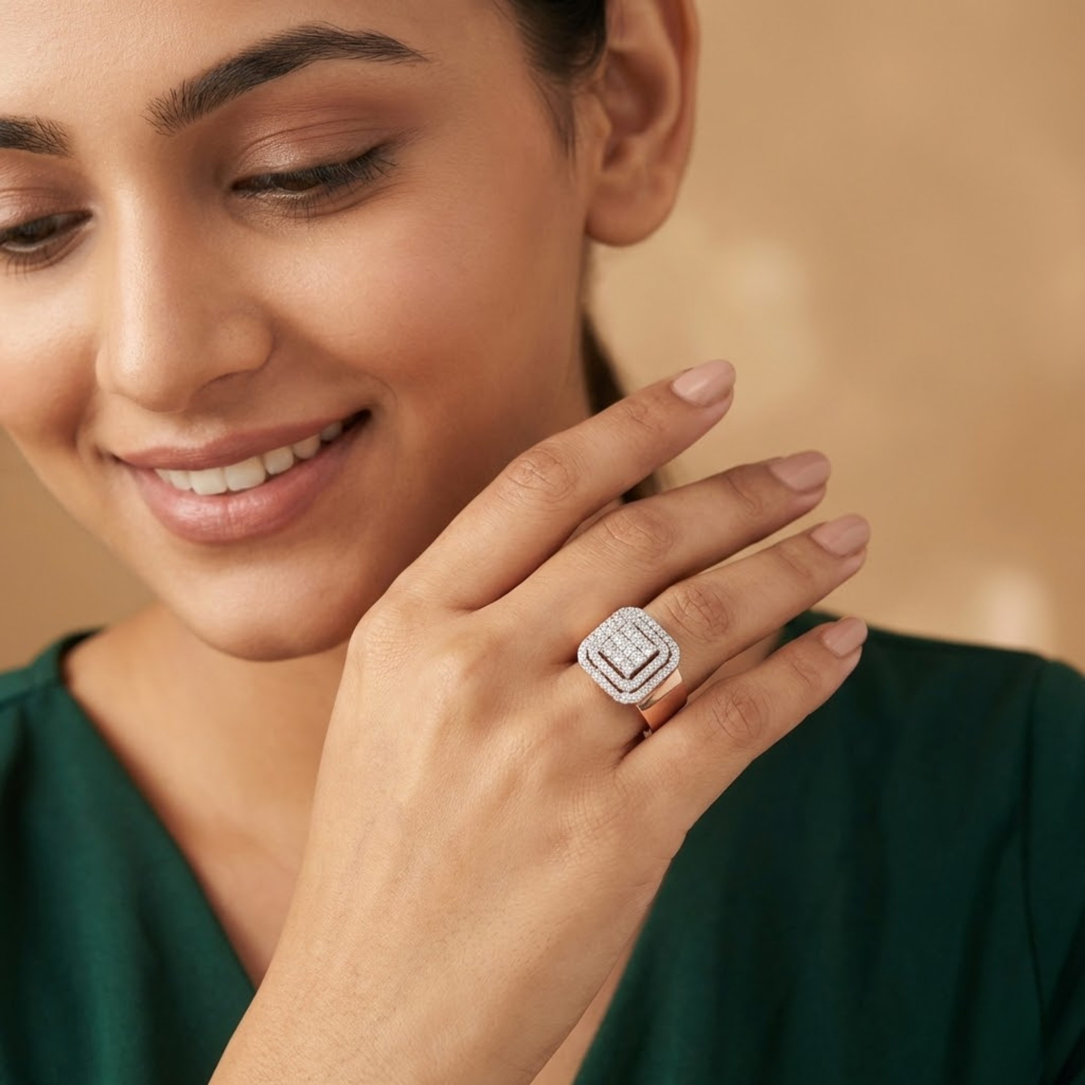 Bold Square Halo Diamond Statement Ring