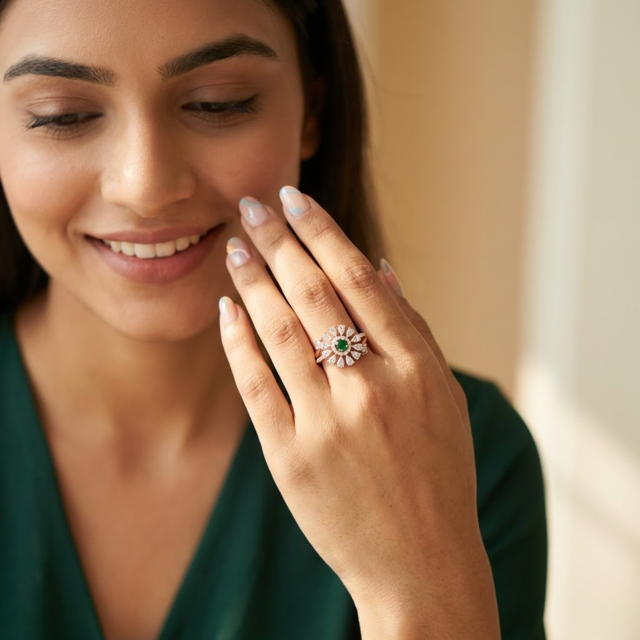 Round Emerald Sunburst Diamond Ring