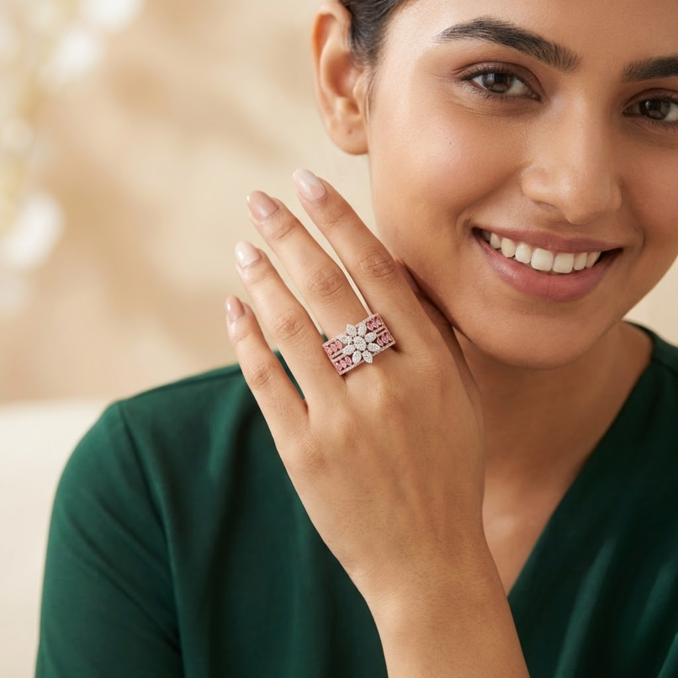 Floral Diamond Ring with Pink Marquise Accents