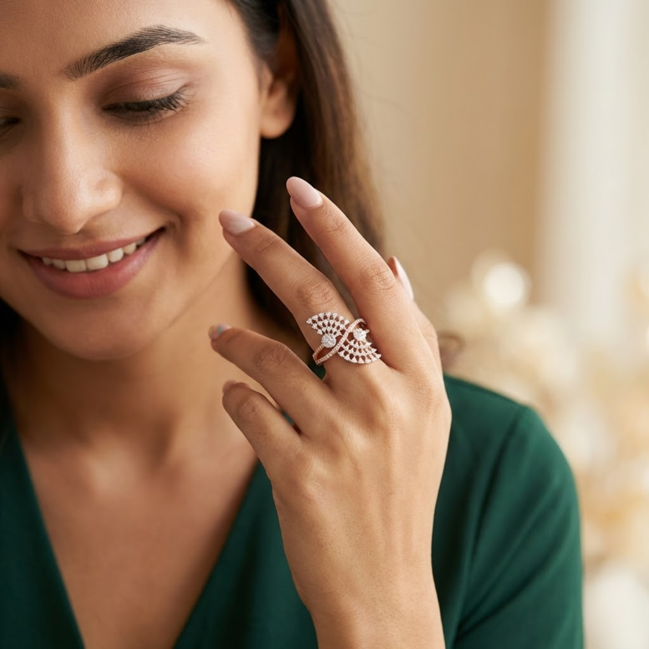 Artistic Dual-Fan Diamond Statement Ring