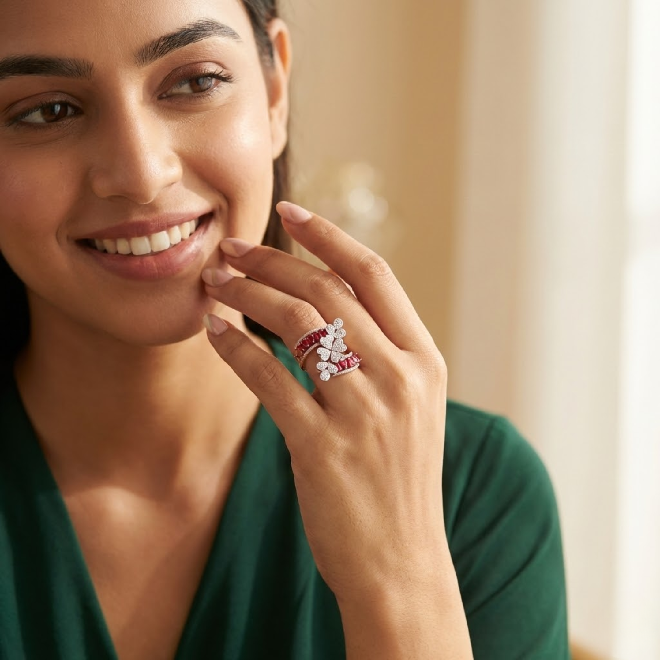 Dual Floral Diamond Ring with Ruby Accents