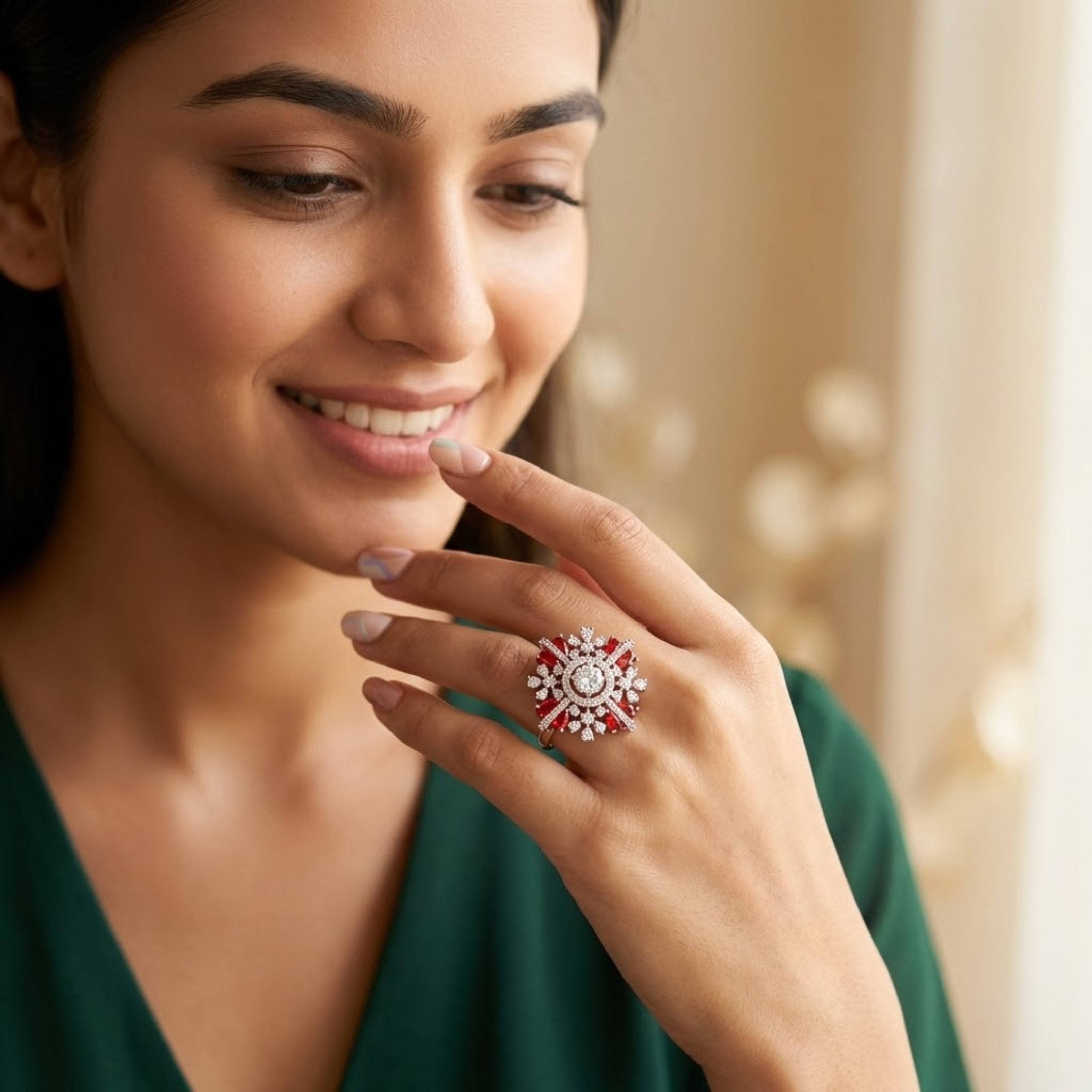 Radiant Floral Burst Diamond & Red Gemstone Ring