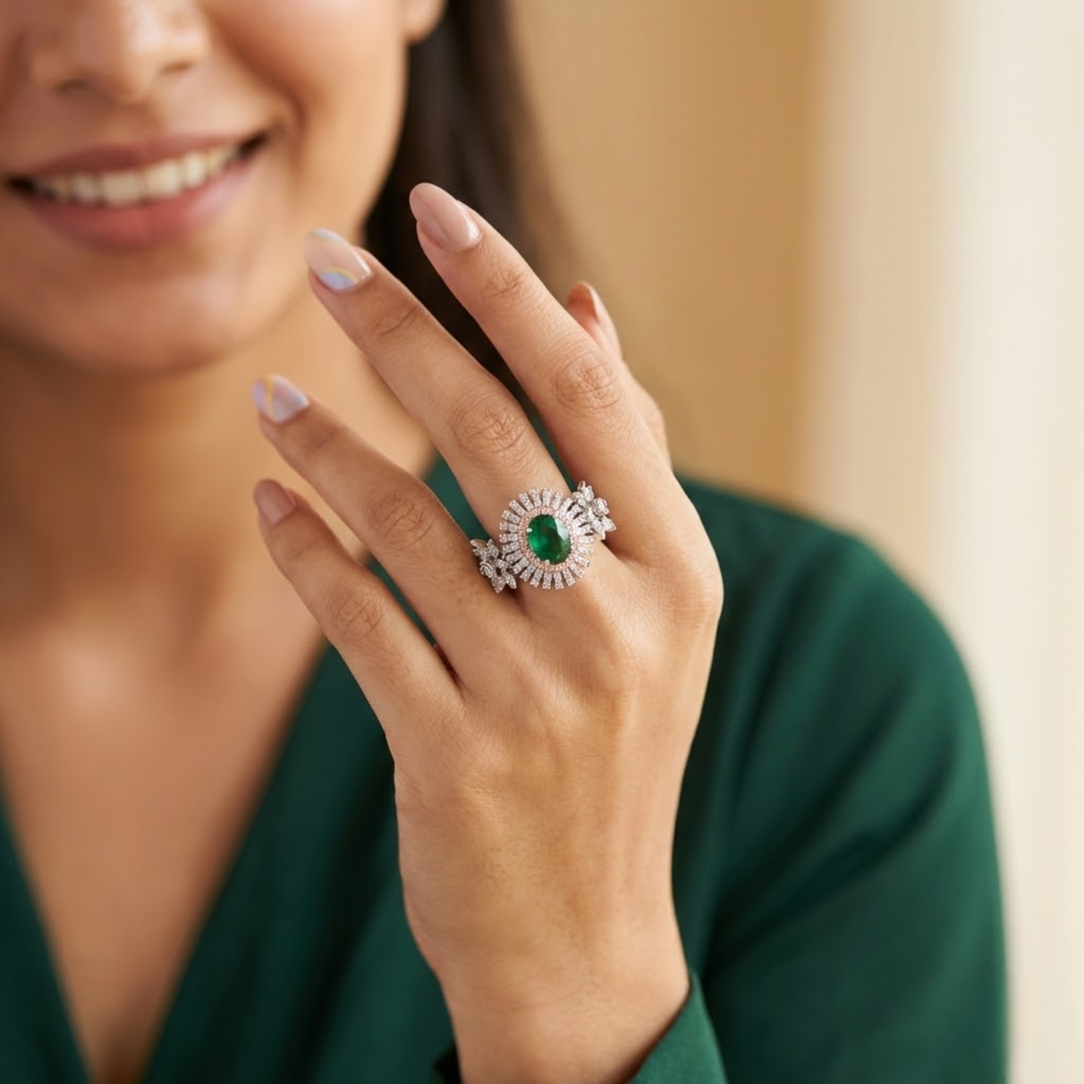 Grand Emerald Floral Halo Diamond Ring
