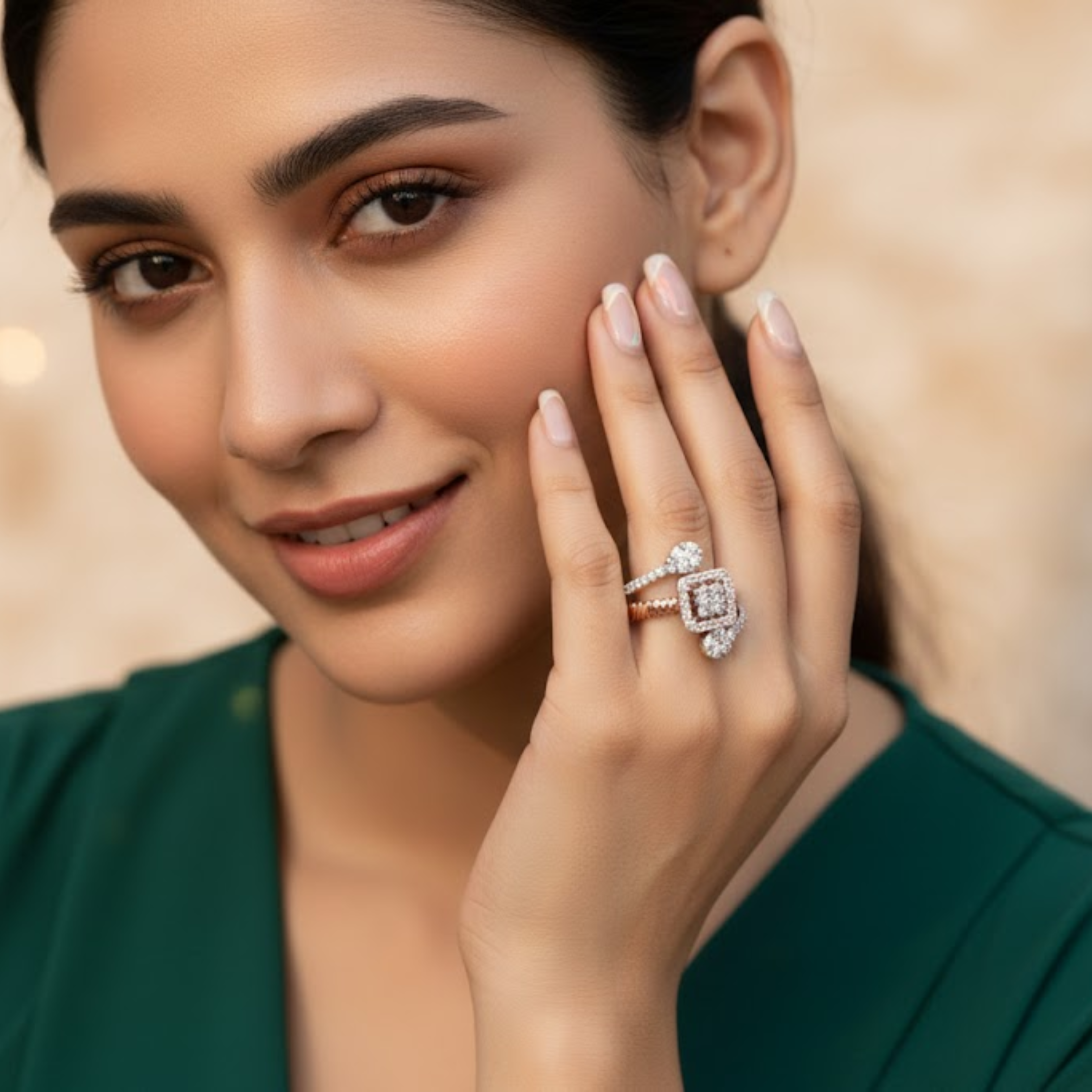 Dual Bloom Square Cluster Diamond Ring