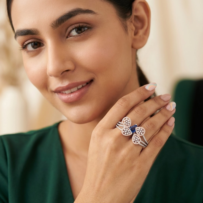 Dual-Finger Floral Sapphire Diamond Ring