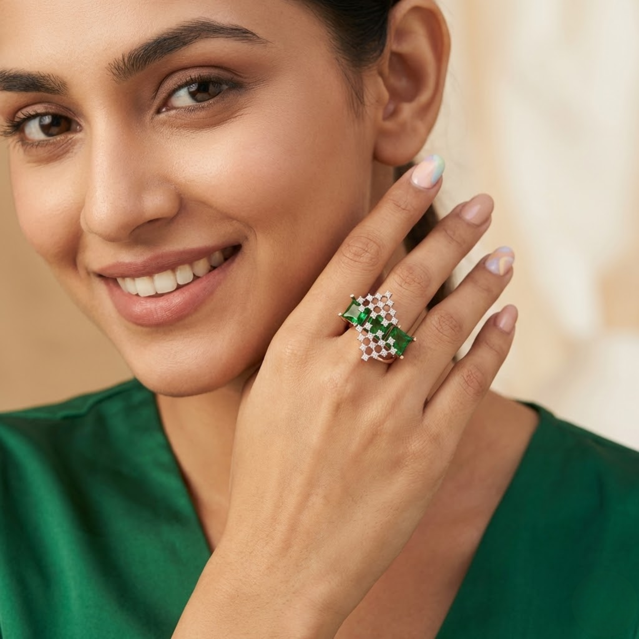 Emerald Princess Trio & Diamond Mesh Designer Ring