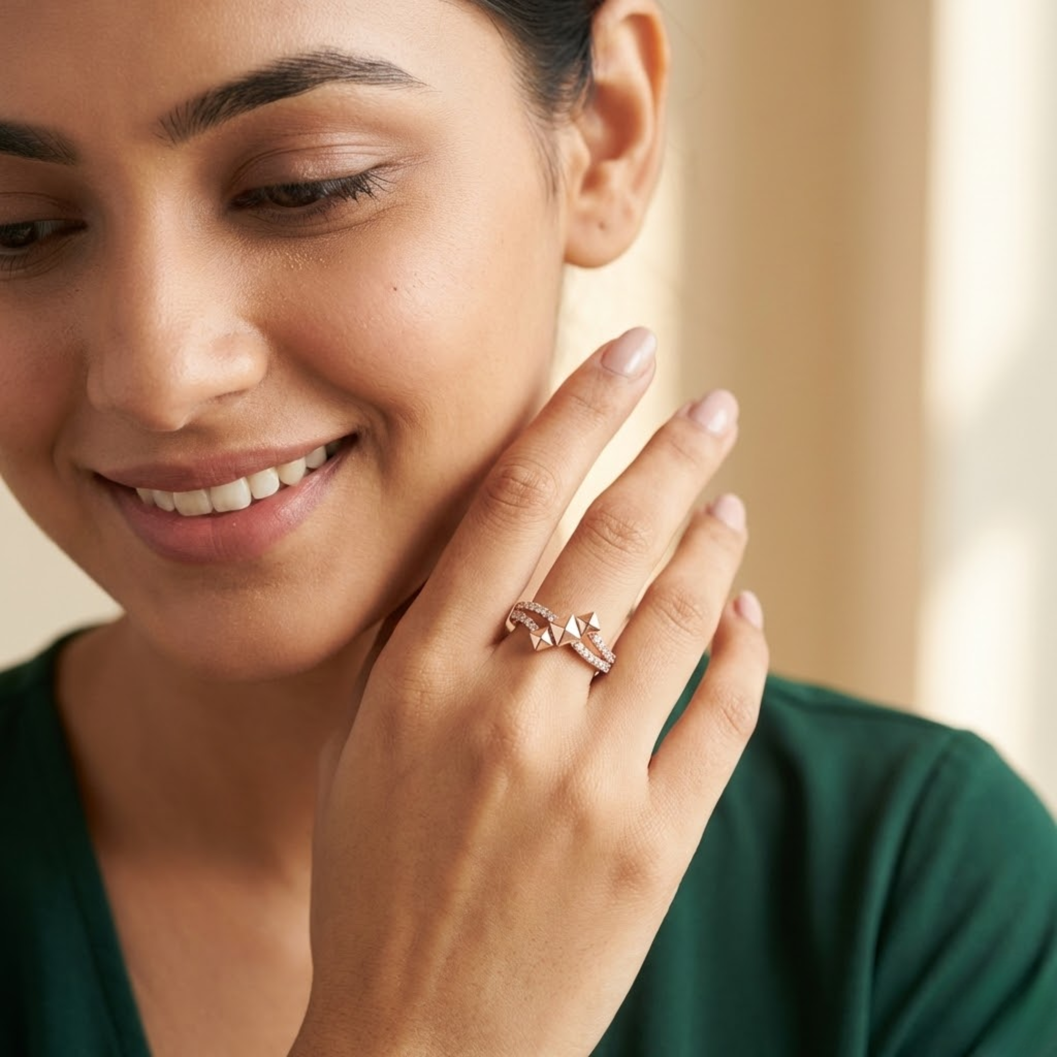 Geometric Pyramid Accented Diamond Ring