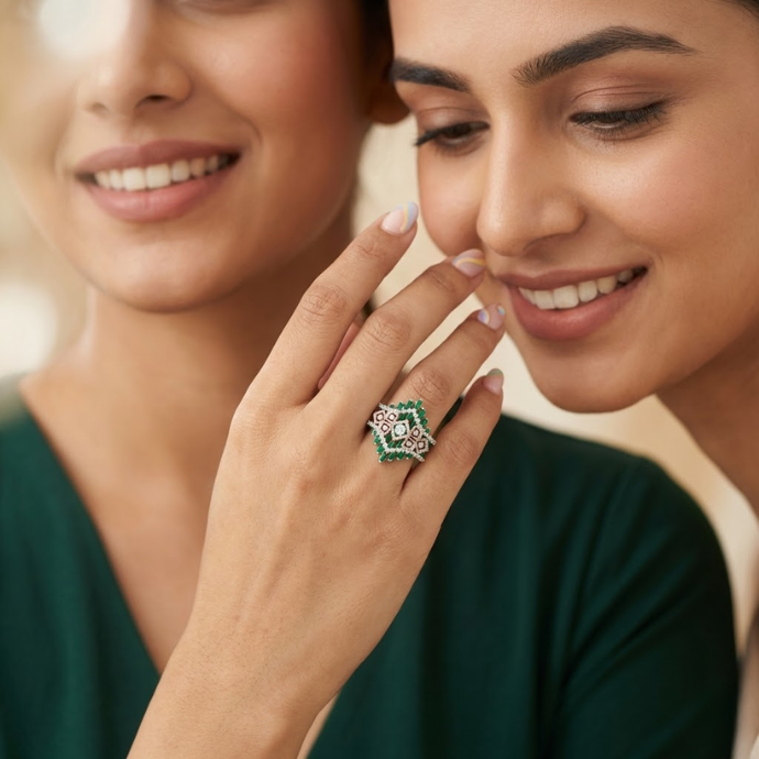 Emerald Green Baguette Royal Diamond Ring