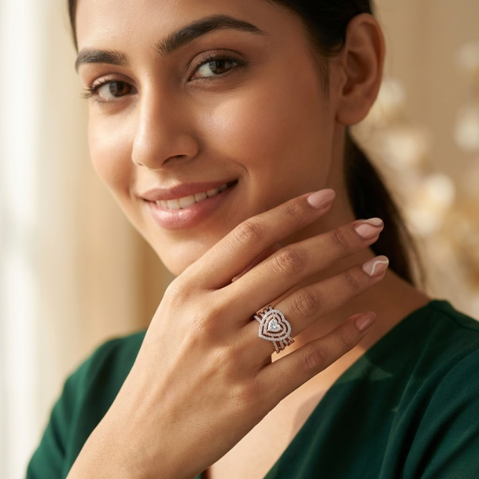 Double Heart Halo Diamond Ring