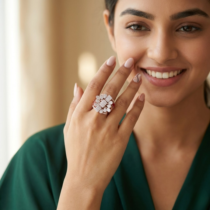 Floral Cluster Diamond Ring with Ruby Accents