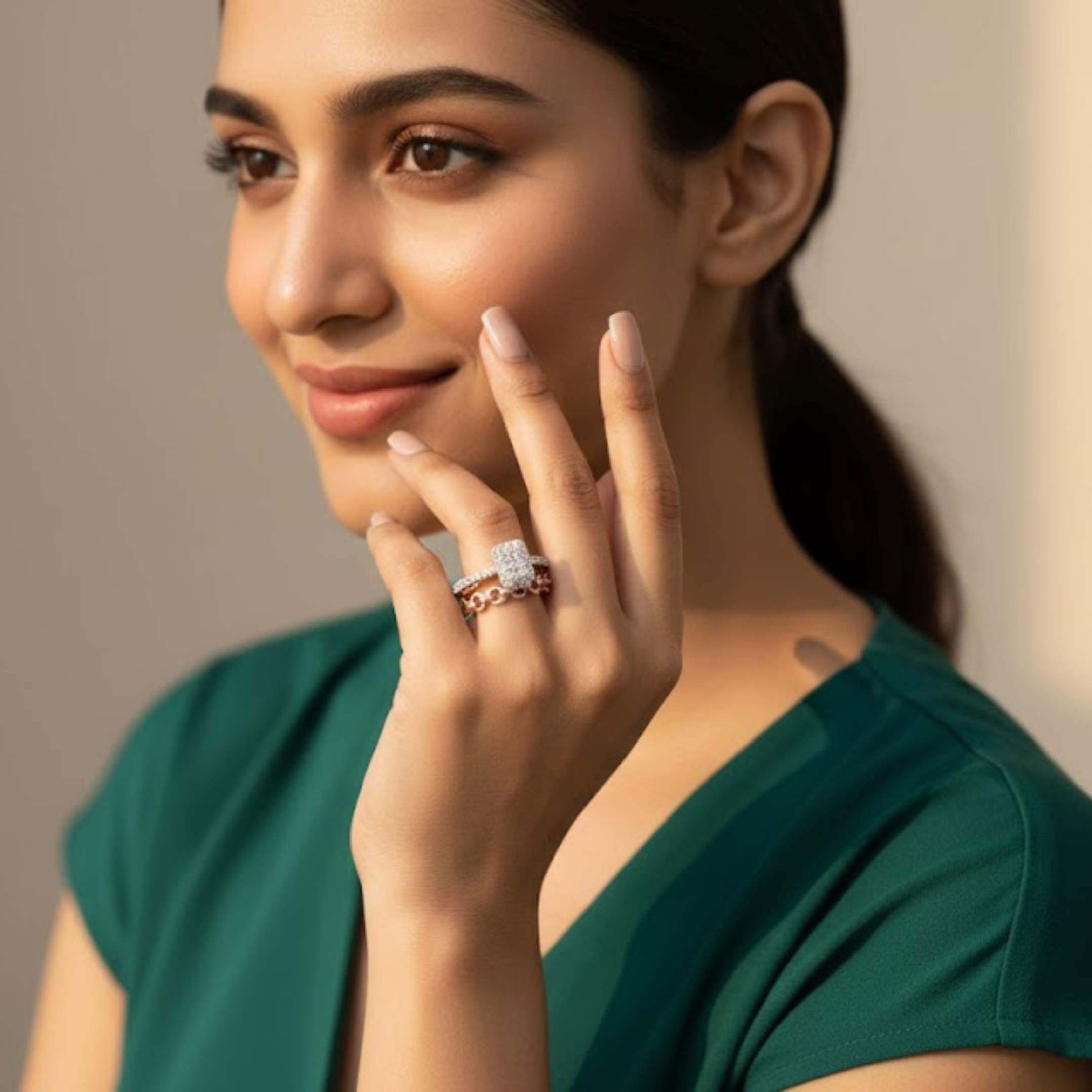 Rectangular Cluster Chain-Link Diamond Ring