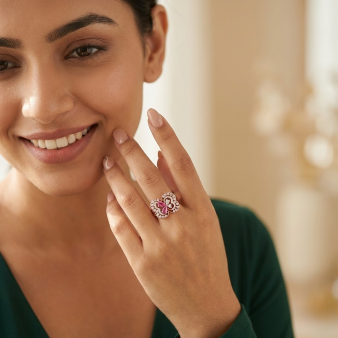 Dual Heart Pink Gem & Diamond Statement Ring