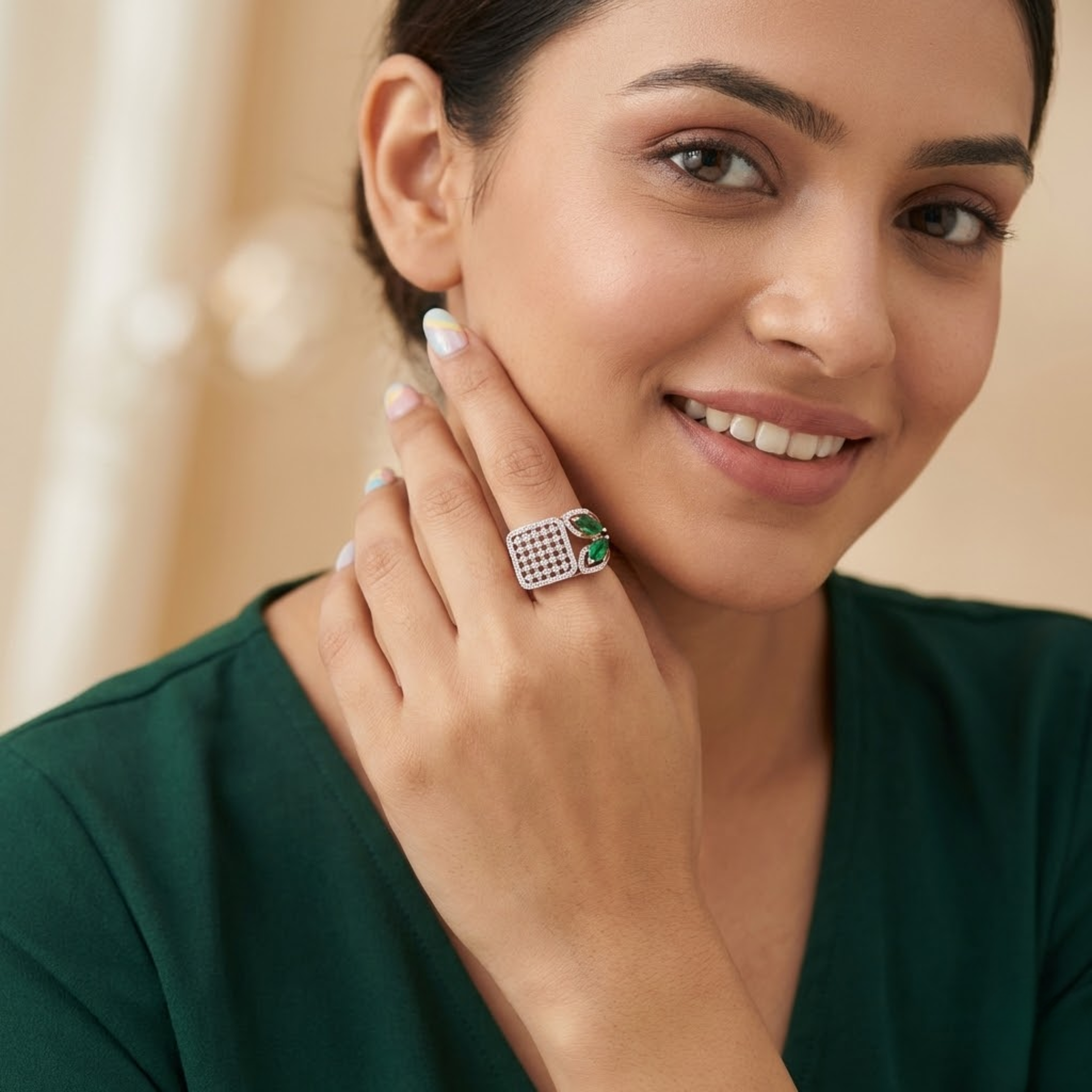 Emerald Accented Rectangular Cluster Designer Ring