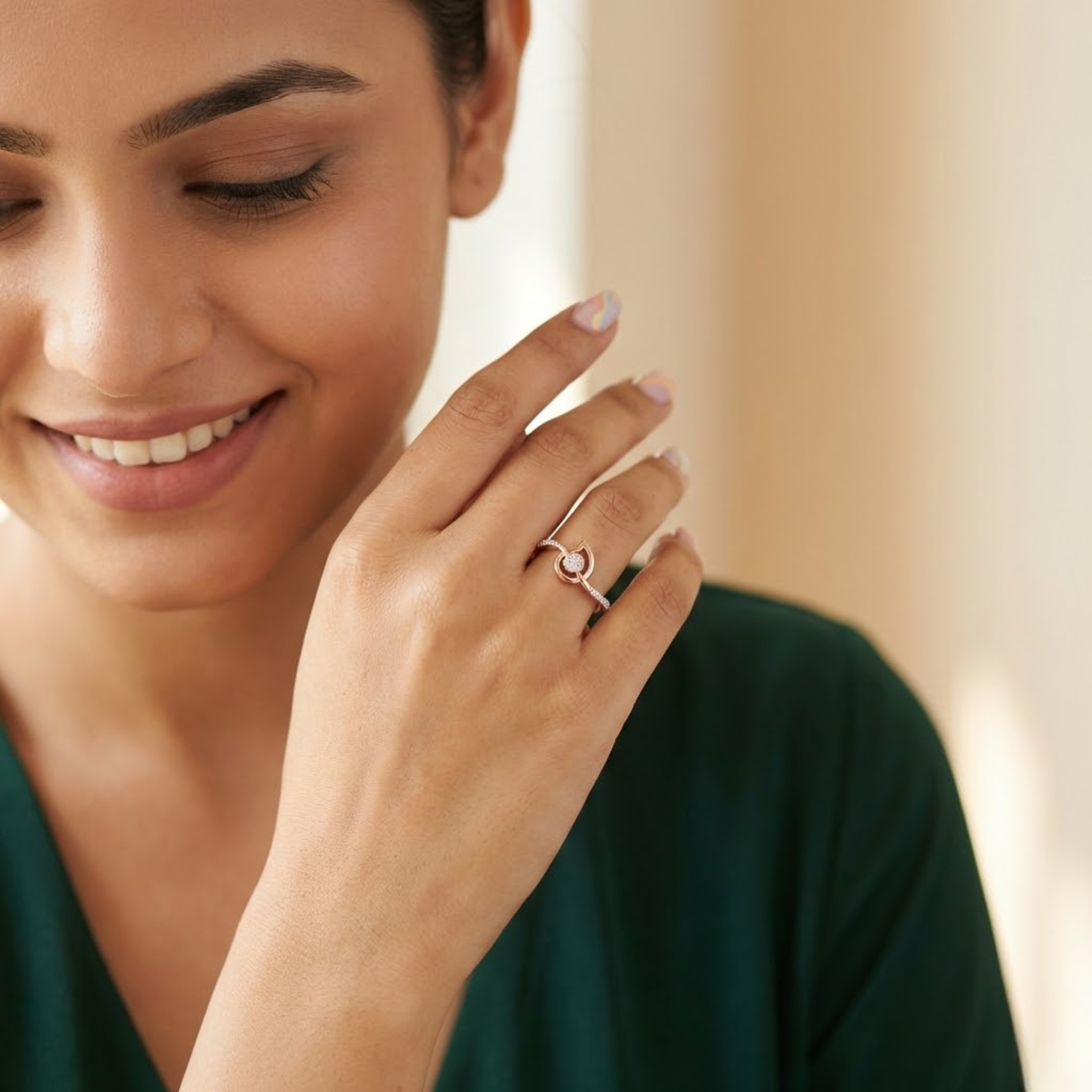 Curved Petal Halo Diamond Ring