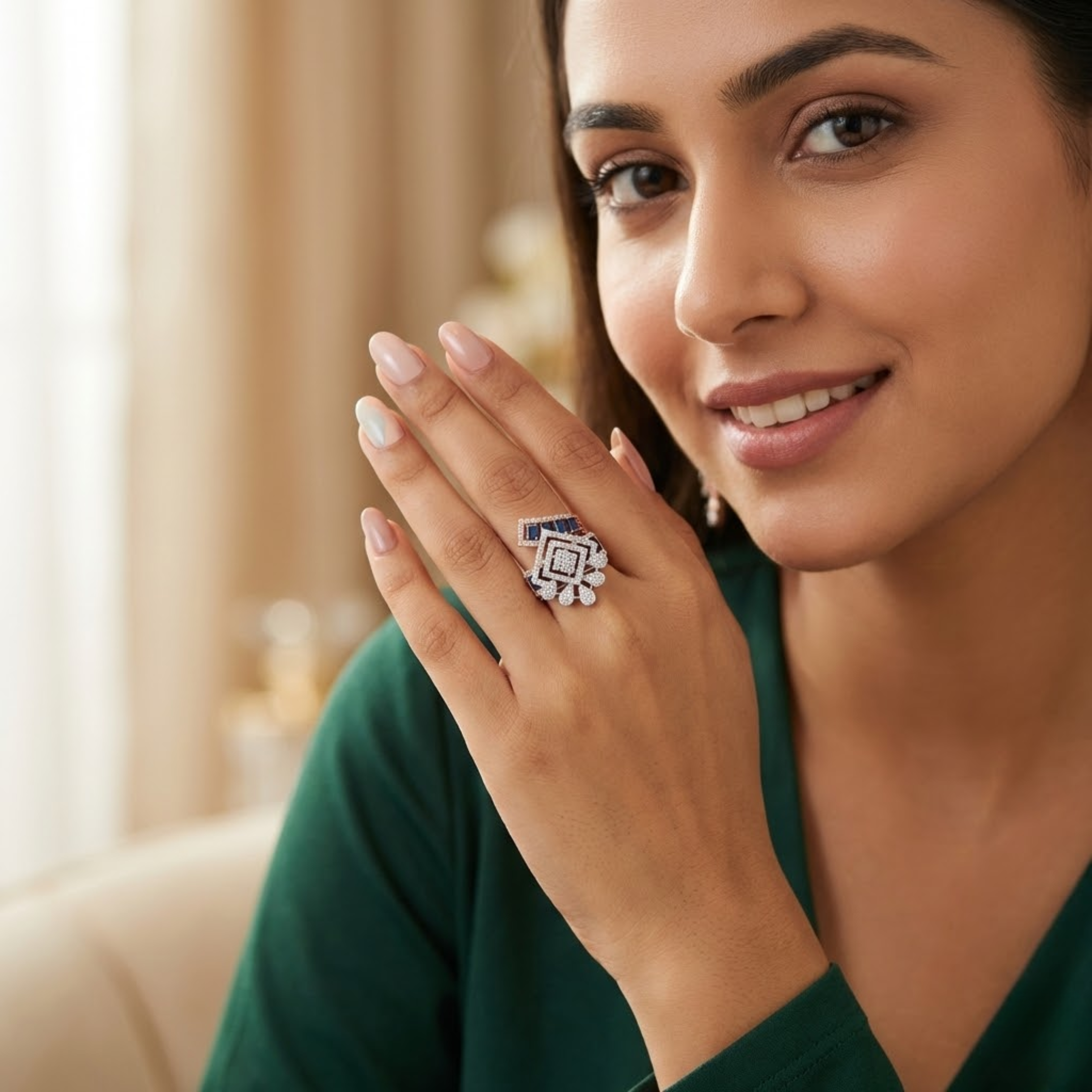 Sapphire Square Cluster Designer Diamond Ring