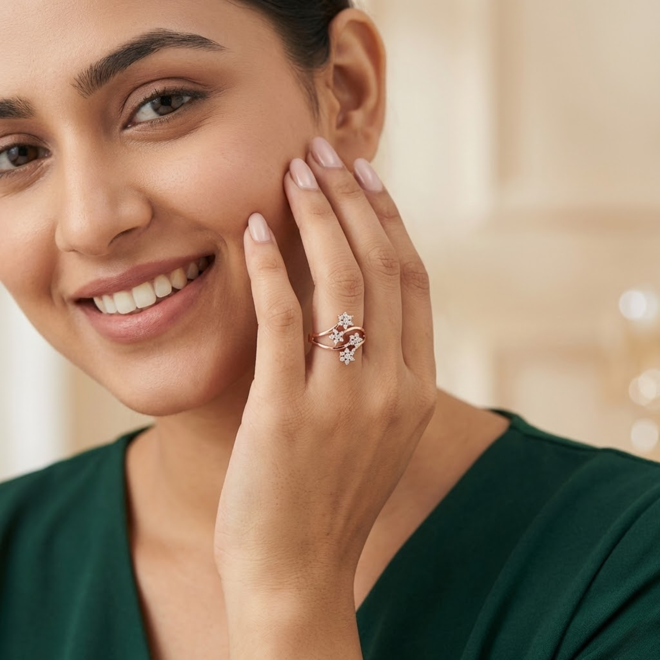 Triple Floral Cluster Curve Diamond Ring