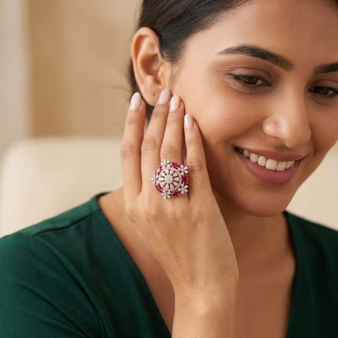 Regal Red Blossom Diamond Statement Ring