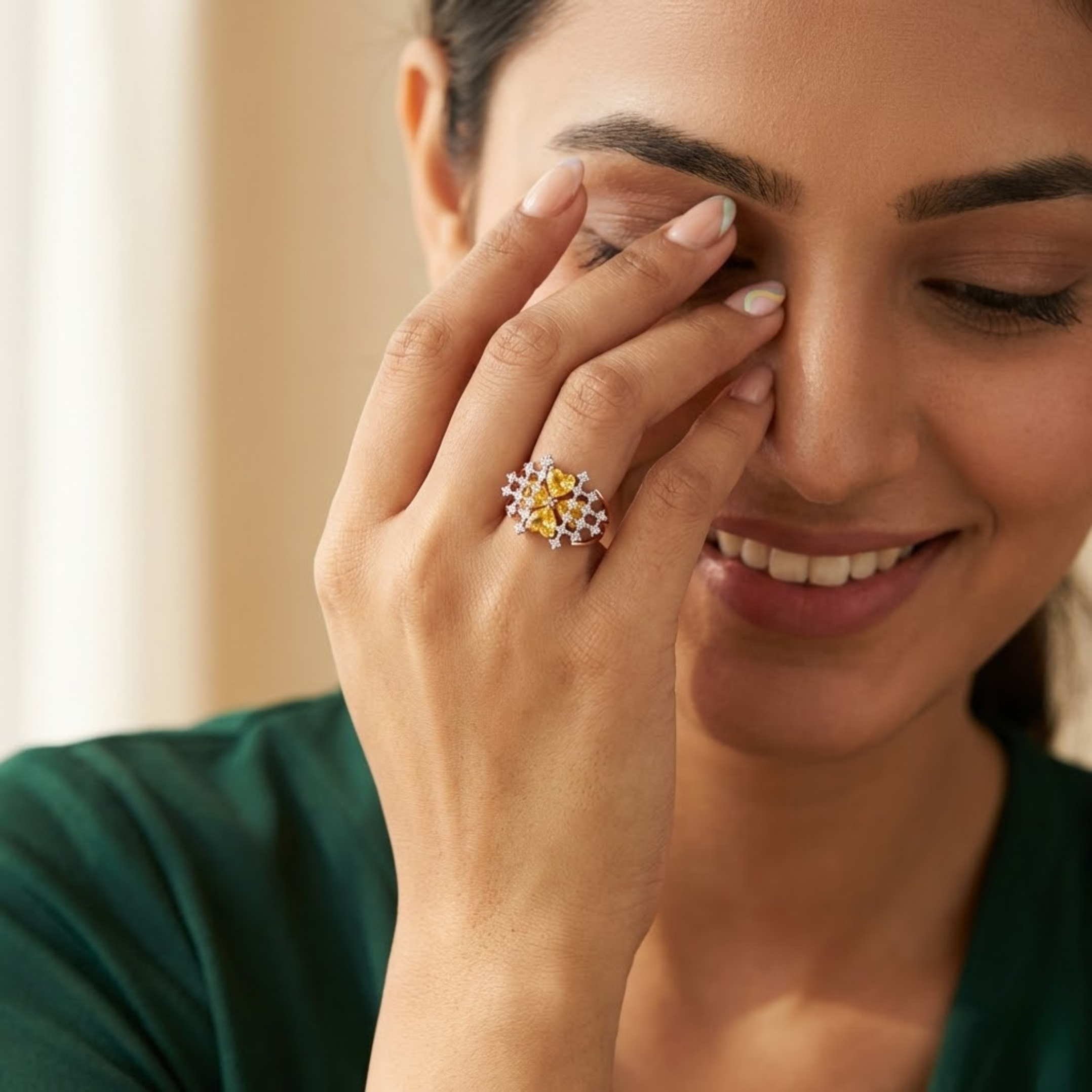 Yellow Heart Cluster & Diamond Mesh Regal Ring