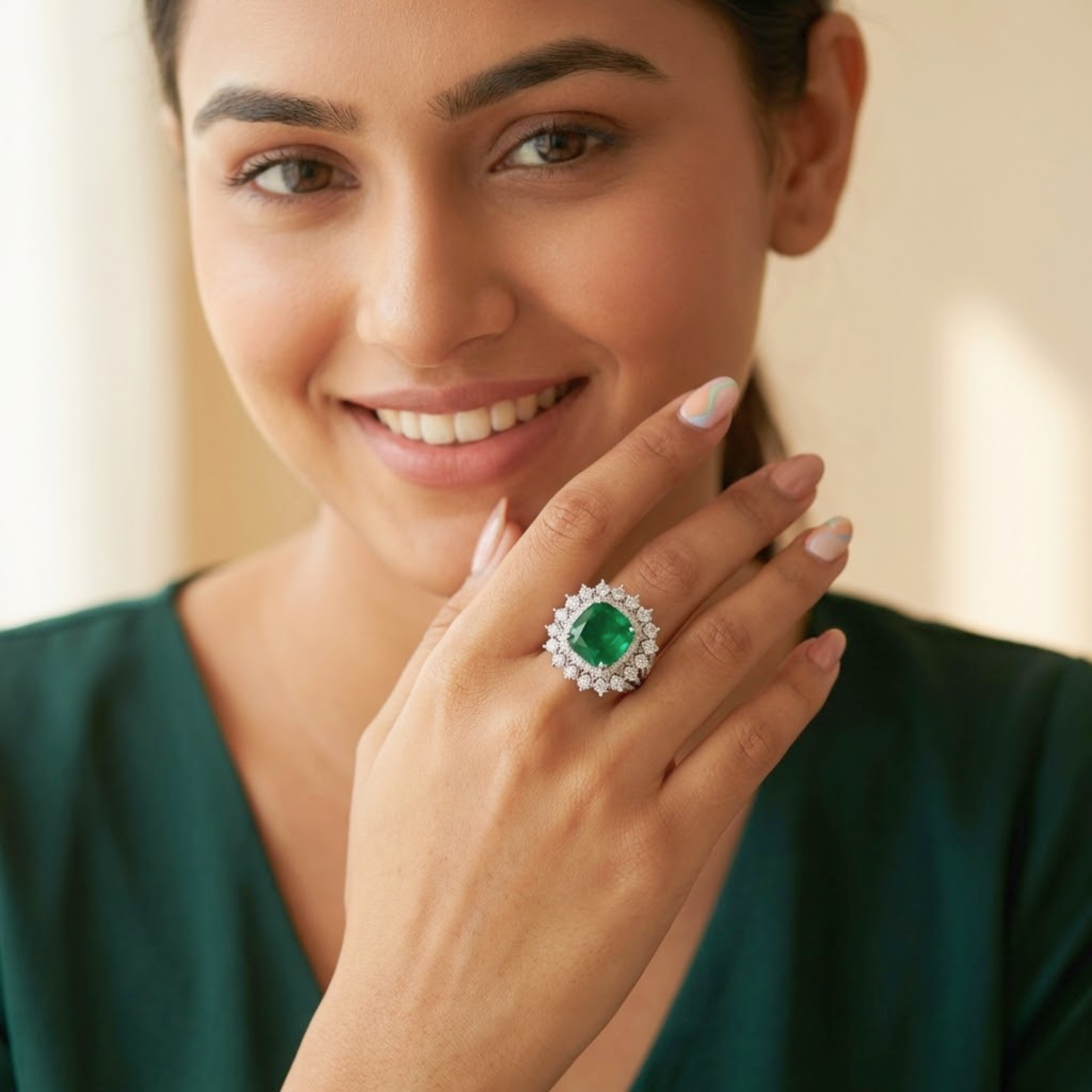 Emerald Cushion Halo Diamond Ring