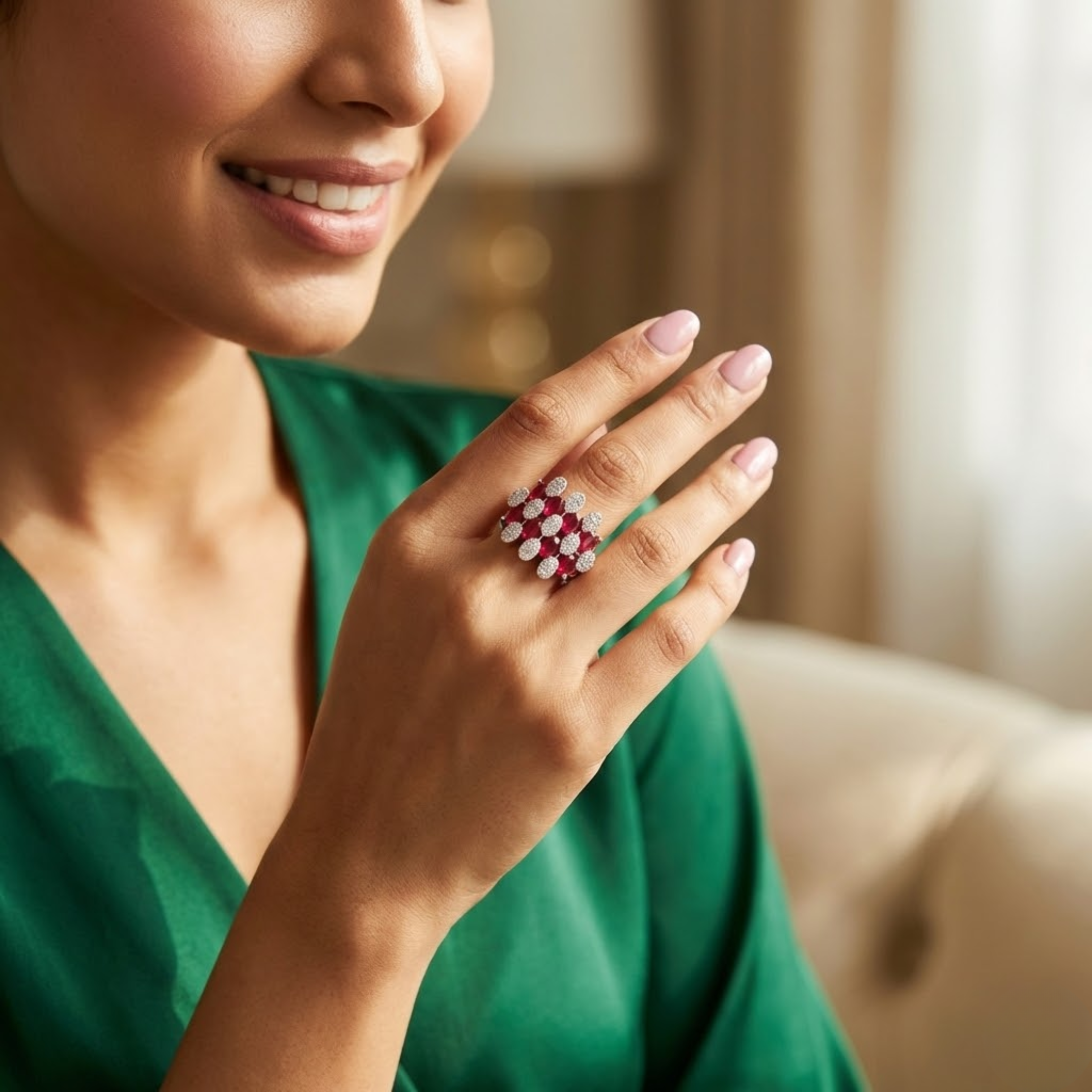 Multi-Cluster Diamond & Red Gemstone Ring