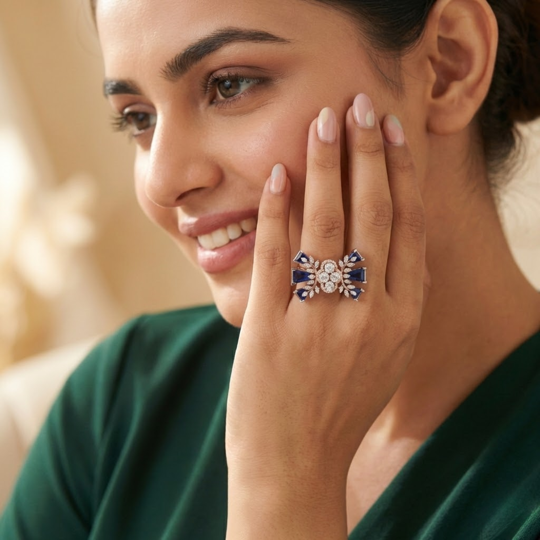 Dual Sapphire Fan Cluster Diamond Ring