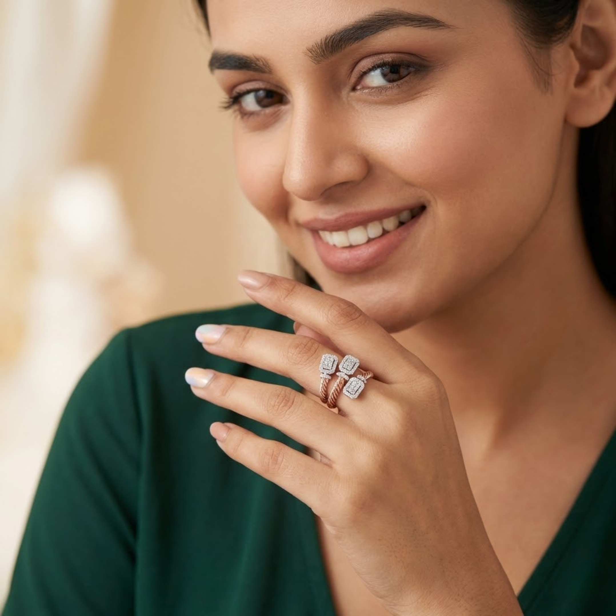 Triple-Cluster Twisted Band Diamond Ring