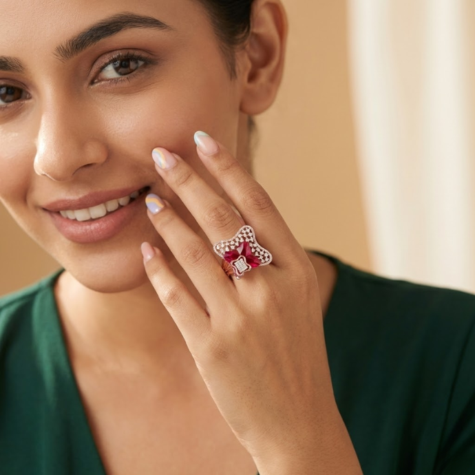 Ruby Butterfly Diamond Cluster Ring