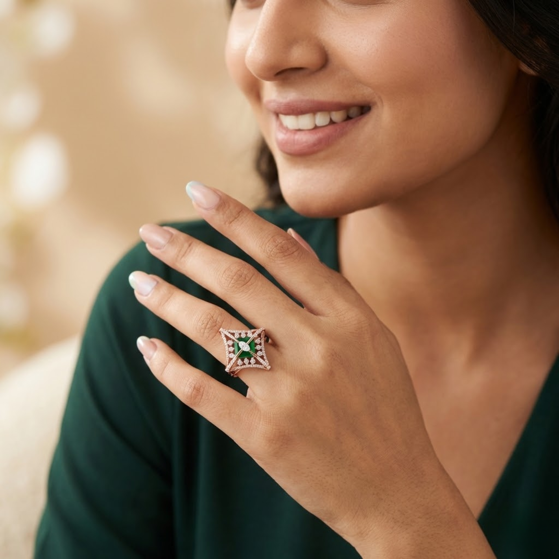 Geometric Emerald Quad Halo Diamond Ring