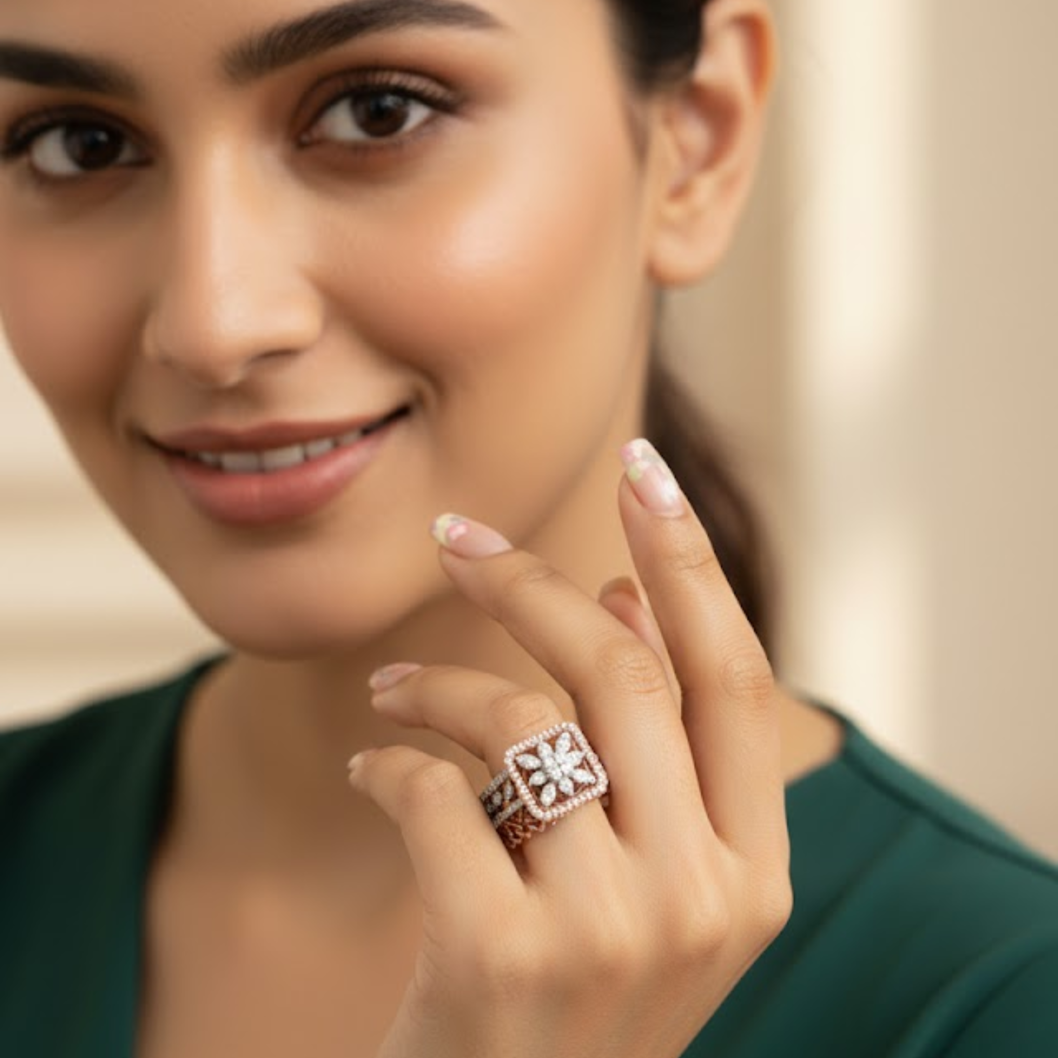 Regal Floral Square Halo Diamond Ring