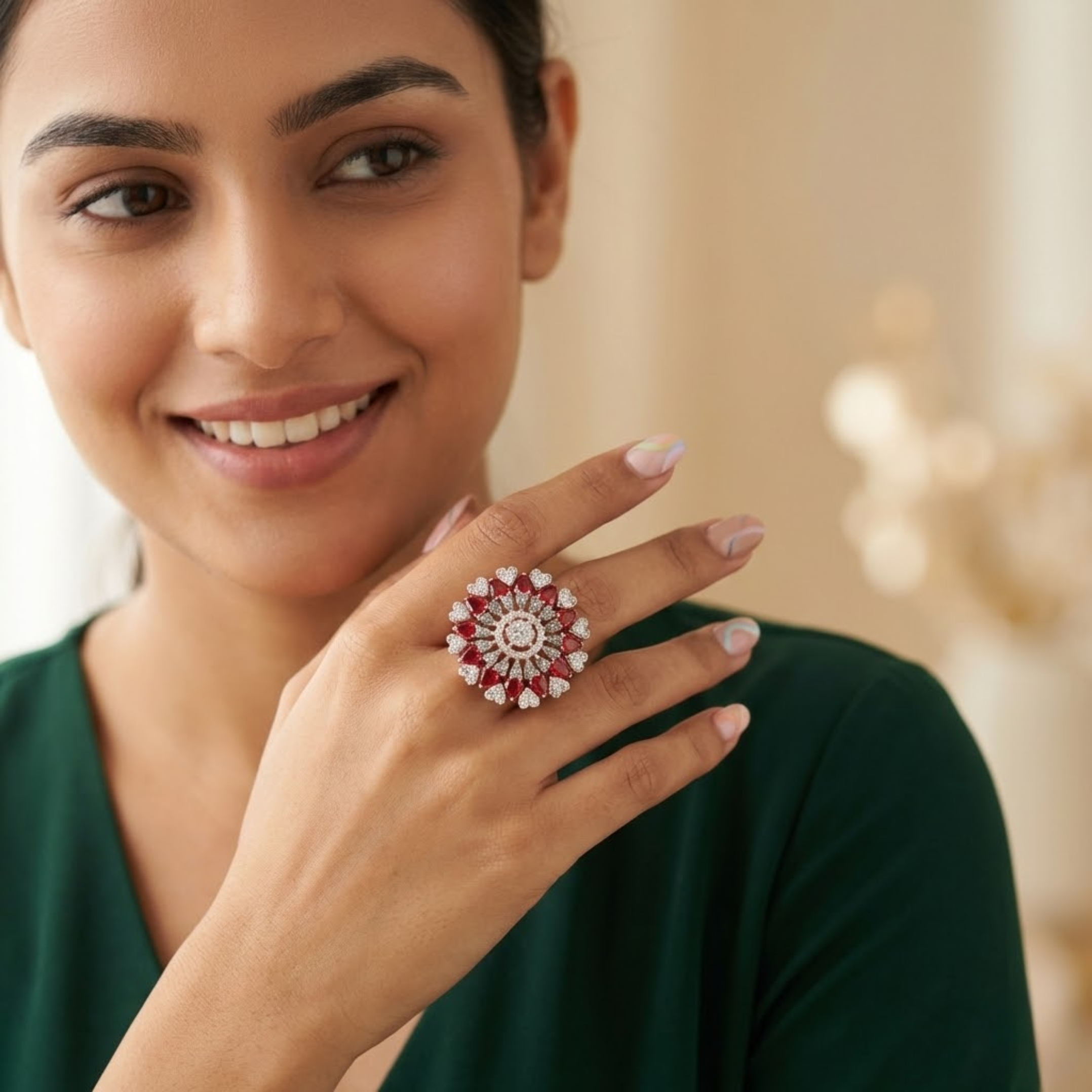 Grand Floral Diamond & Red Gemstone Statement Ring