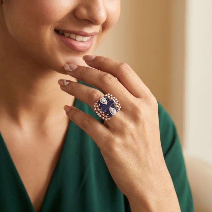 Royal Blue Baguette & Pear Cluster Diamond Ring