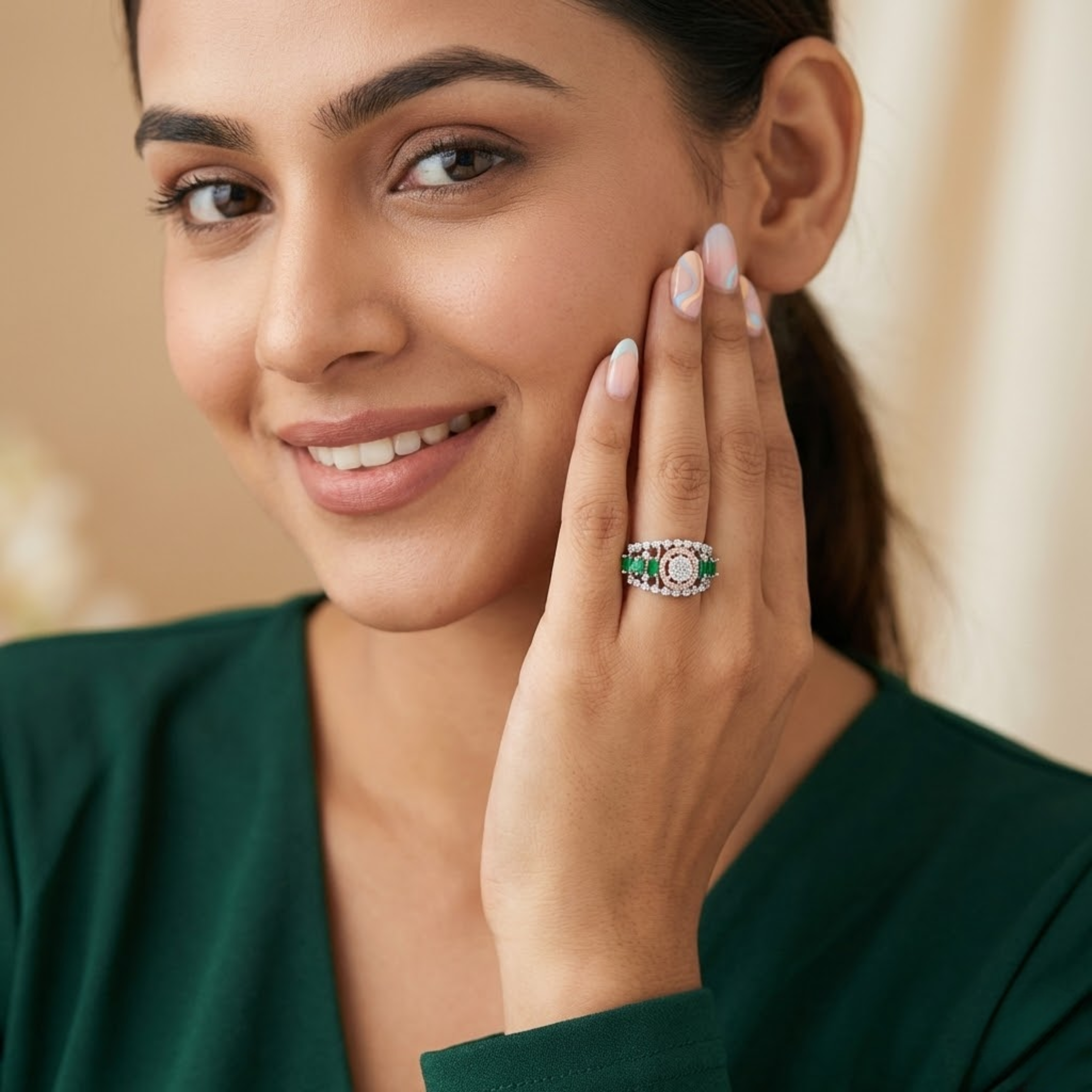 Dual-Tone Emerald Cluster Spiral Halo Ring