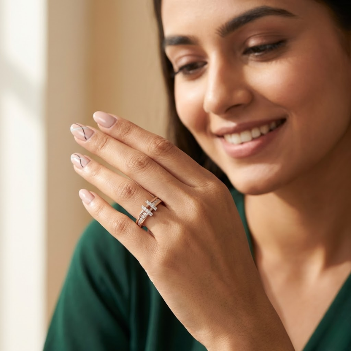 Sleek Twin Cluster Linear Diamond Ring