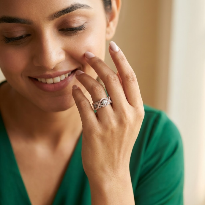 Dual Tone Criss-Cross Halo Diamond Ring