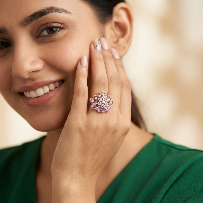 Royal Fan Motif Diamond & Pink Baguette Ring