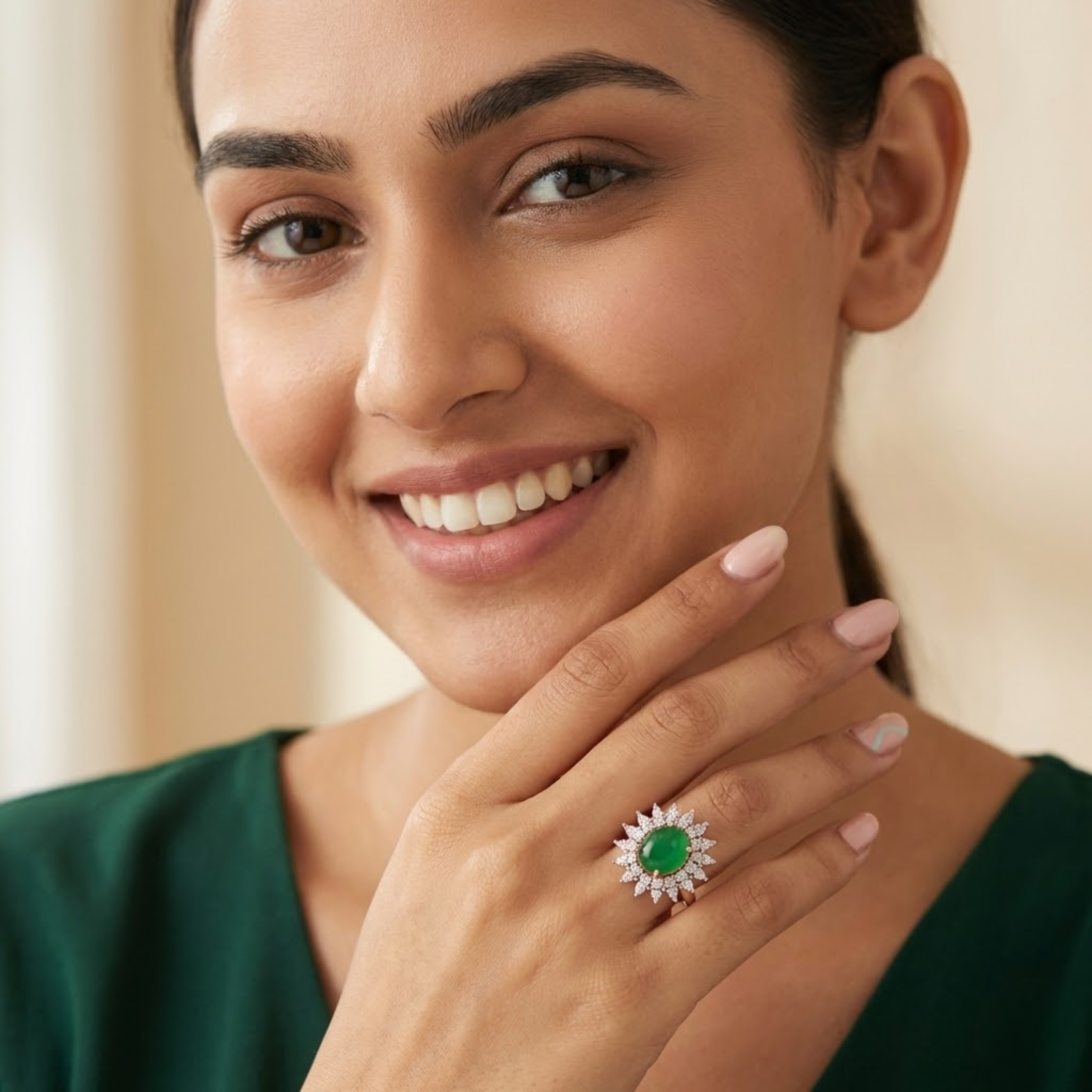 Oval Green Gemstone Sunburst Diamond Ring