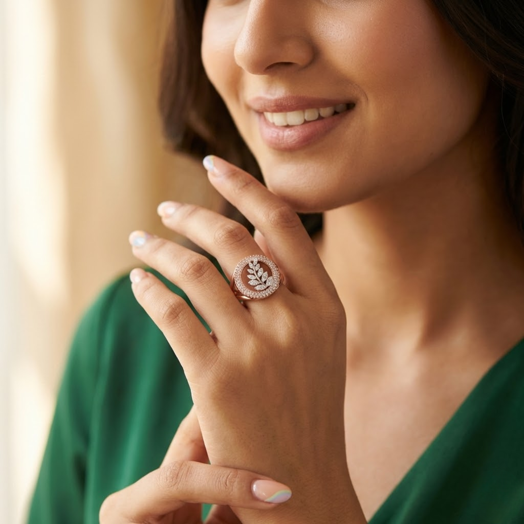 Elegant Dual-Halo Leaf Motif Diamond Ring