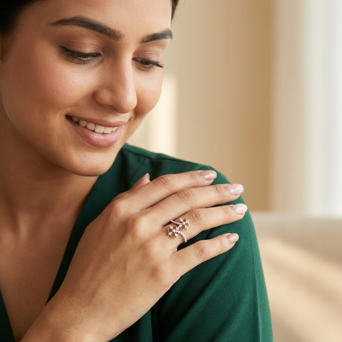 Double Floral Diamond Bypass Ring