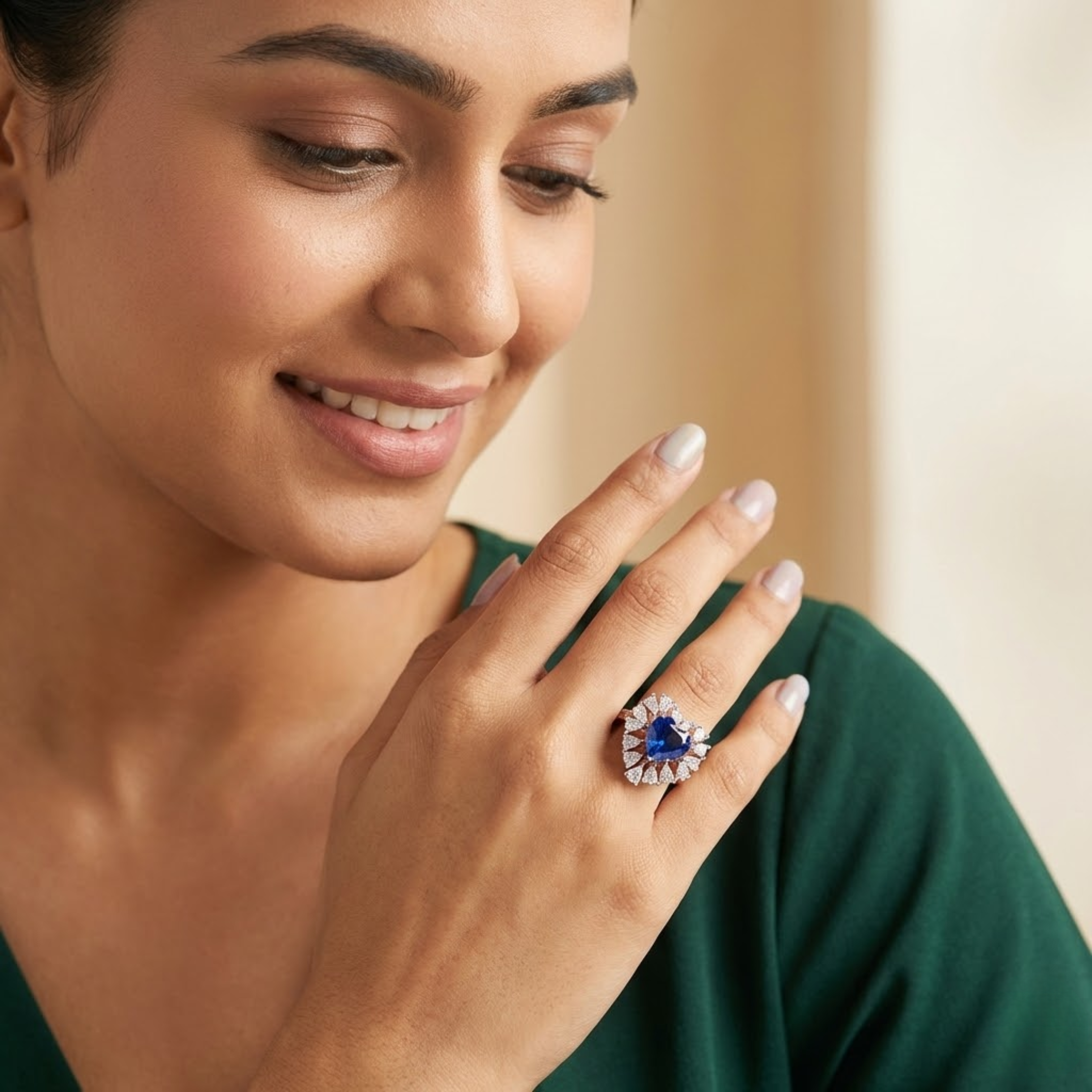 Royal Blue Pear Gemstone Diamond Crown Ring