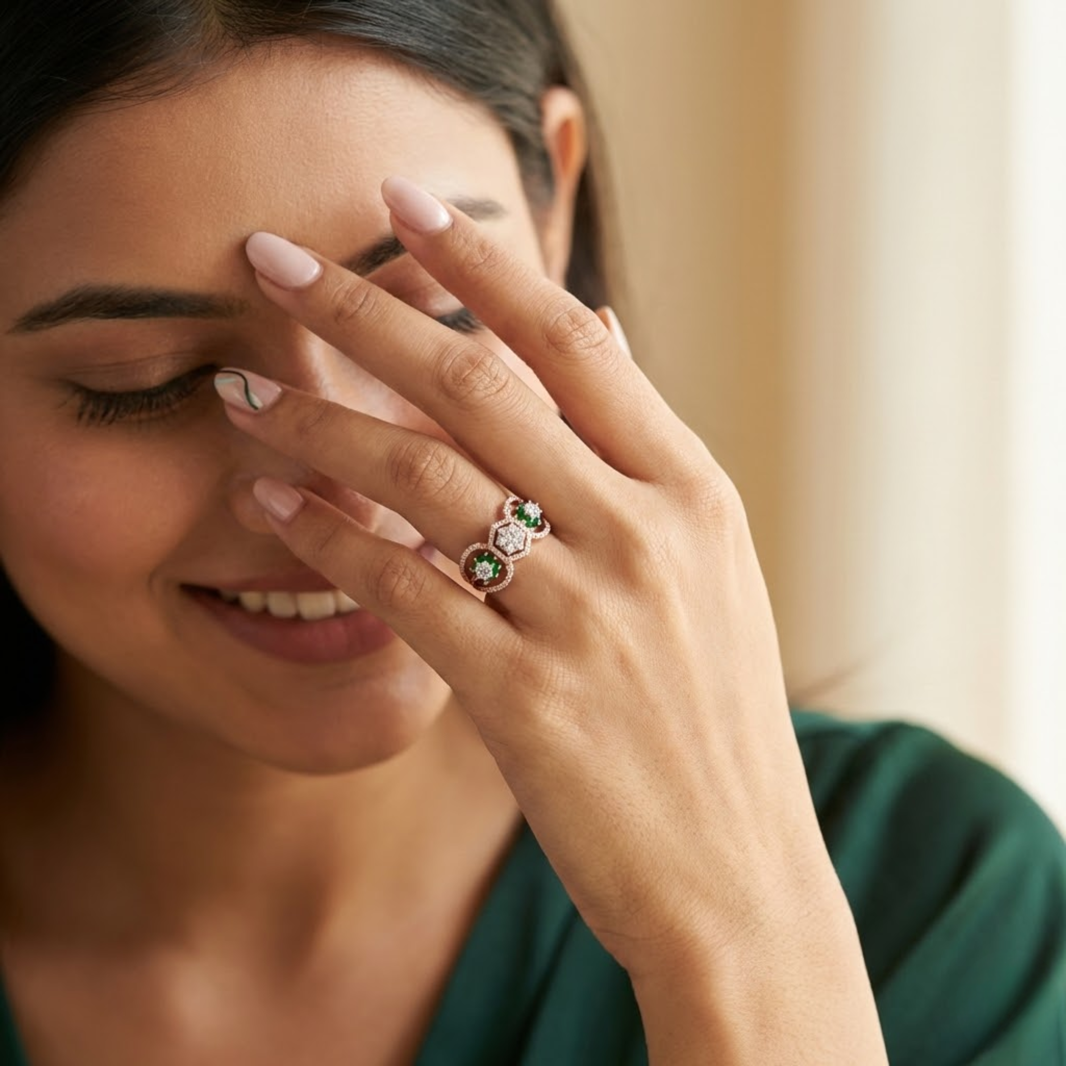 Triple Emerald Cluster Halo Diamond Ring