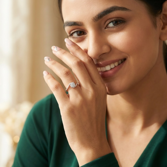 Curved Halo Solitaire Diamond Ring