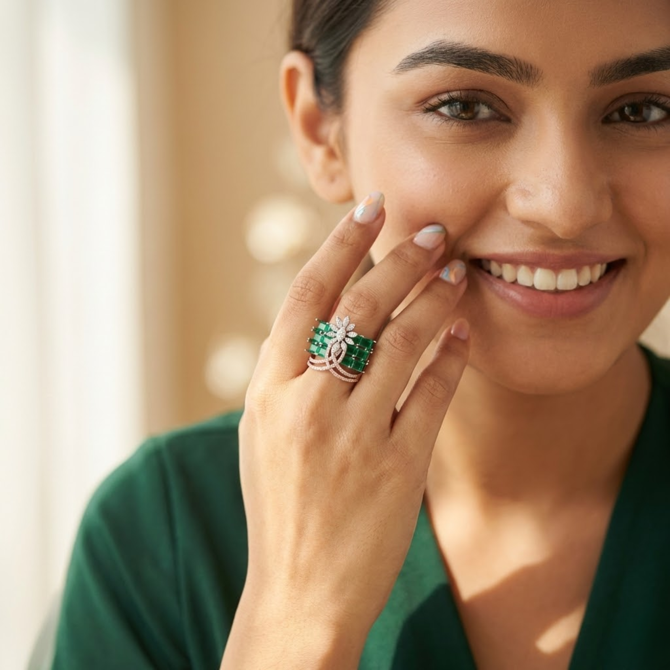 Emerald Cascade Floral Cluster Ring