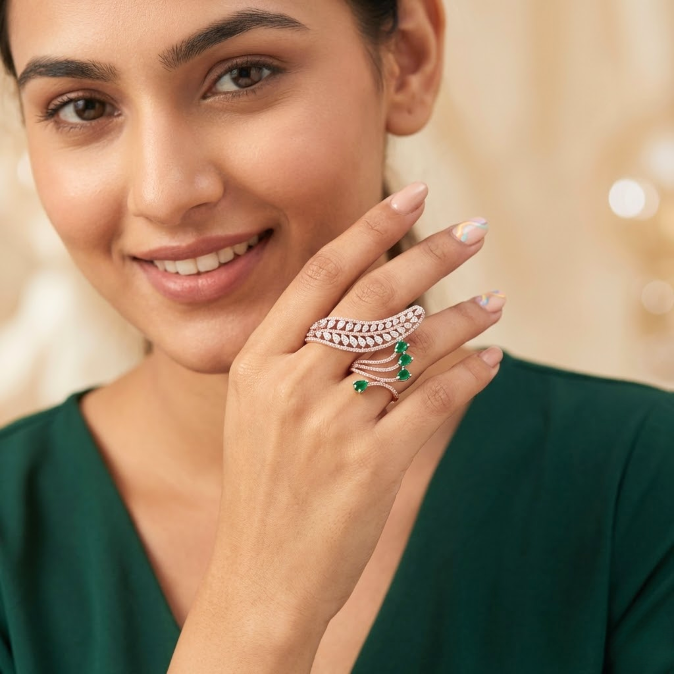 Dual-Finger Emerald Accent Diamond Statement Ring