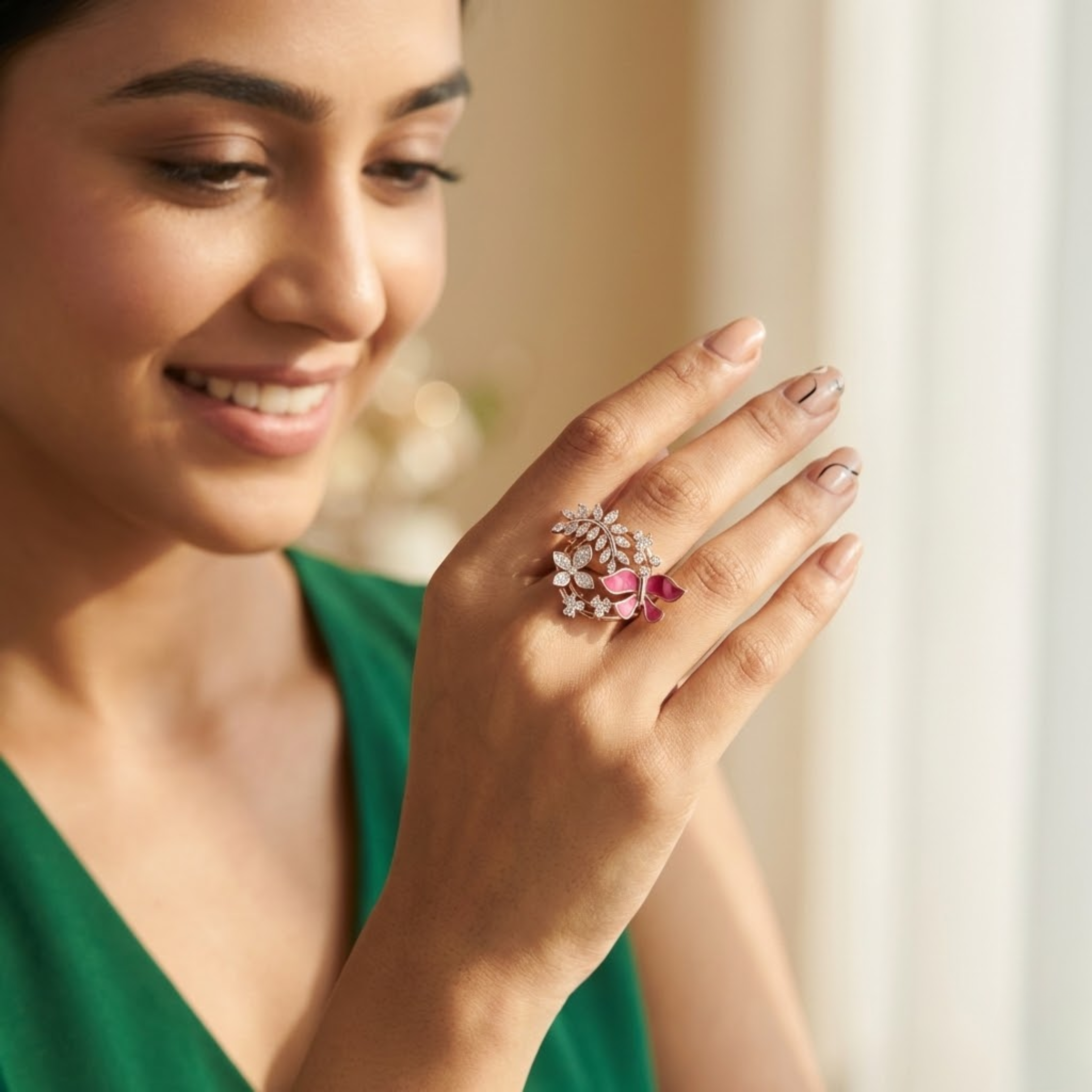 Floral Vine & Ruby Enamel Bow Diamond Ring