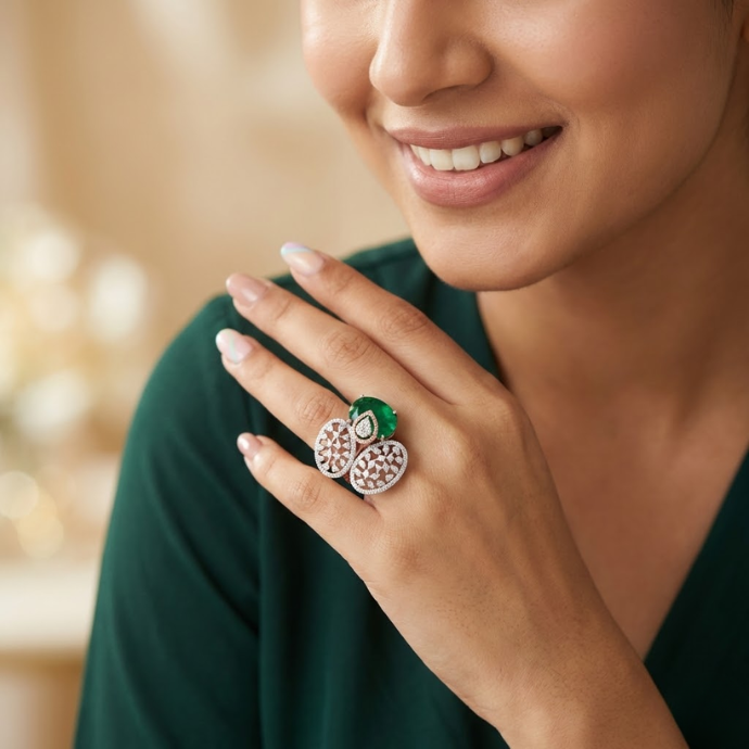 Emerald Petal Cluster Diamond Ring