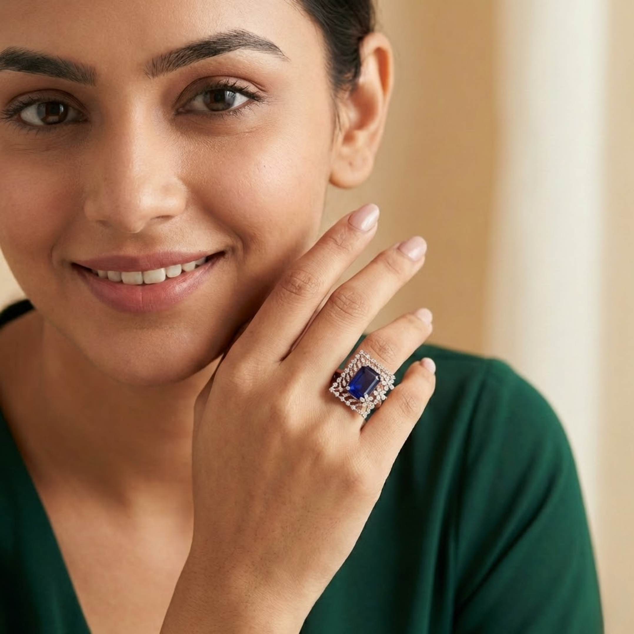 Royal Blue Emerald Cut Halo Diamond Ring