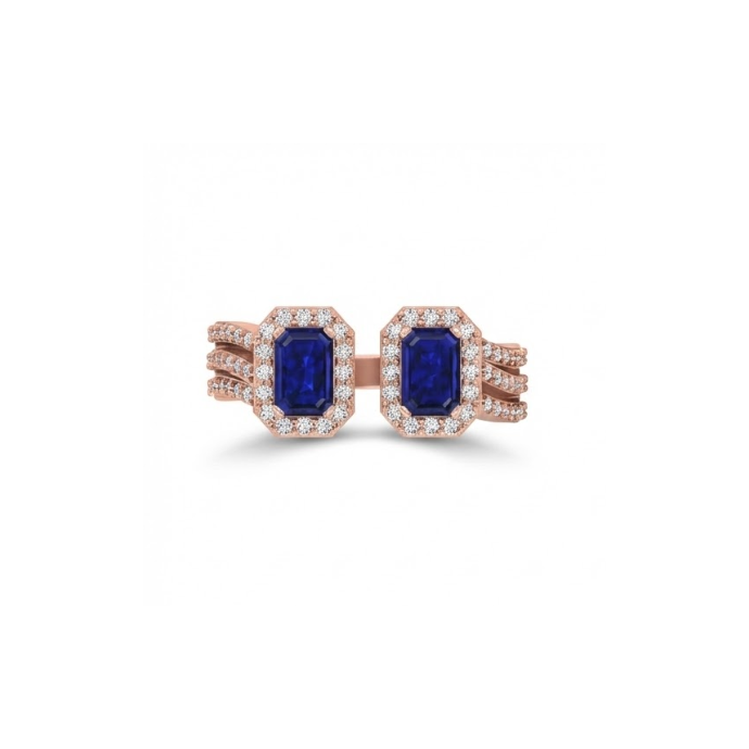 Twin Emerald-Cut Blue Sapphire Halo Ring