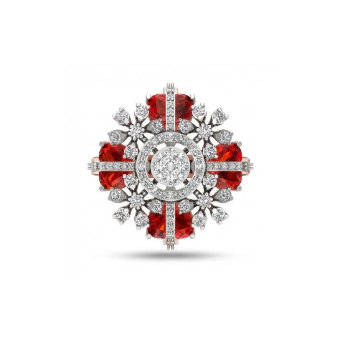 Radiant Floral Burst Diamond & Red Gemstone Ring