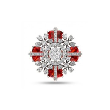 Radiant Floral Burst Diamond & Red Gemstone Ring